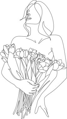 Bir çizgi vektör çizimi ile soyut kadın yüzü. Portre minimalist stil. Botanik parmak izi. Kozmetiğin doğa sembolü. Modern sürekli çizgi sanatı. Moda baskısı. Güzellik salonu logosu.