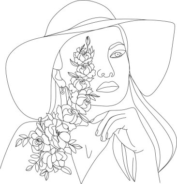 Bir çizgi vektör çizimi ile soyut kadın yüzü. Portre minimalist stil. Botanik parmak izi. Kozmetiğin doğa sembolü. Modern sürekli çizgi sanatı. Moda baskısı. Güzellik salonu logosu.