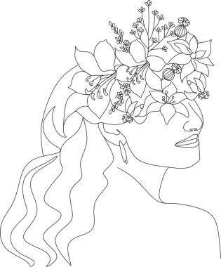 Bir çizgi vektör çizimi ile soyut kadın yüzü. Portre minimalist stil. Botanik parmak izi. Kozmetiğin doğa sembolü. Modern sürekli çizgi sanatı. Moda baskısı. Güzellik salonu logosu.