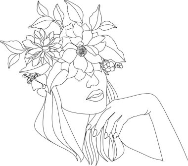 Bir çizgi vektör çizimi ile soyut kadın yüzü. Portre minimalist stil. Botanik parmak izi. Kozmetiğin doğa sembolü. Modern sürekli çizgi sanatı. Moda baskısı. Güzellik salonu logosu.