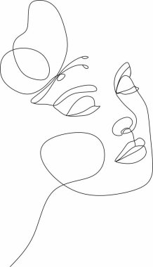 Bir çizgi vektör çizimi ile soyut kadın yüzü. Portre minimalist stil. Botanik parmak izi. Kozmetiğin doğa sembolü. Modern sürekli çizgi sanatı. Moda baskısı. Güzellik salonu logosu