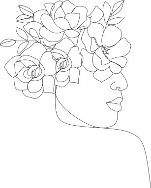 Bir çizgi vektör çizimi ile soyut kadın yüzü. Portre minimalist stil. Botanik parmak izi. Kozmetiğin doğa sembolü. Modern sürekli çizgi sanatı. Moda baskısı. Güzellik salonu logosu