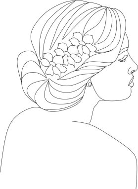 Bir çizgi vektör çizimi ile soyut kadın yüzü. Portre minimalist stil. Botanik parmak izi. Kozmetiğin doğa sembolü. Modern sürekli çizgi sanatı. Moda baskısı. Güzellik salonu logosu