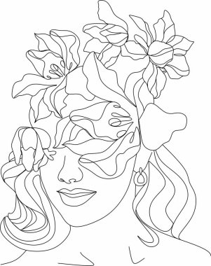 Bir çizgi vektör çizimi ile soyut kadın yüzü. Portre minimalist stil. Botanik parmak izi. Kozmetiğin doğa sembolü. Modern sürekli çizgi sanatı. Moda baskısı. Güzellik salonu logosu