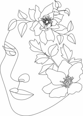 Bir çizgi vektör çizimi ile soyut kadın yüzü. Portre minimalist stil. Botanik parmak izi. Kozmetiğin doğa sembolü. Modern sürekli çizgi sanatı. Moda baskısı. Güzellik salonu logosu