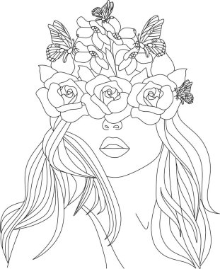 Bir çizgi vektör çizimi ile soyut kadın yüzü. Portre minimalist stil. Botanik parmak izi. Kozmetiğin doğa sembolü. Modern sürekli çizgi sanatı. Moda baskısı. Güzellik salonu logosu