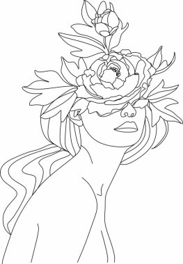 Bir çizgi vektör çizimi ile soyut kadın yüzü. Portre minimalist stil. Botanik parmak izi. Kozmetiğin doğa sembolü. Modern sürekli çizgi sanatı. Moda baskısı. Güzellik salonu logosu