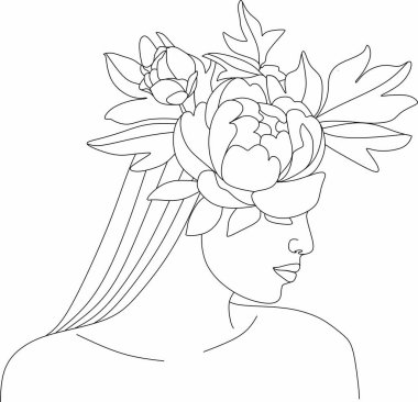 Bir çizgi vektör çizimi ile soyut kadın yüzü. Portre minimalist stil. Botanik parmak izi. Kozmetiğin doğa sembolü. Modern sürekli çizgi sanatı. Moda baskısı. Güzellik salonu logosu