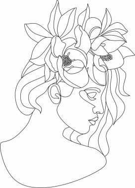 Bir çizgi vektör çizimi ile soyut kadın yüzü. Portre minimalist stil. Botanik parmak izi. Kozmetiğin doğa sembolü. Modern sürekli çizgi sanatı. Moda baskısı. Güzellik salonu logosu