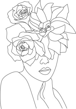 Bir çizgi vektör çizimi ile soyut kadın yüzü. Portre minimalist stil. Botanik parmak izi. Kozmetiğin doğa sembolü. Modern sürekli çizgi sanatı. Moda baskısı. Güzellik salonu logosu.