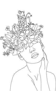 Bir çizgi vektör çizimi ile soyut kadın yüzü. Portre minimalist stil. Botanik parmak izi. Kozmetiğin doğa sembolü. Modern sürekli çizgi sanatı. Moda baskısı. Güzellik salonu logosu.