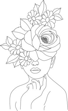 Bir çizgi vektör çizimi ile soyut kadın yüzü. Portre minimalist stil. Botanik parmak izi. Kozmetiğin doğa sembolü. Modern sürekli çizgi sanatı. Moda baskısı. Güzellik salonu logosu.