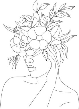 Bir çizgi vektör çizimi ile soyut kadın yüzü. Portre minimalist stil. Botanik parmak izi. Kozmetiğin doğa sembolü. Modern sürekli çizgi sanatı. Moda baskısı. Güzellik salonu logosu.