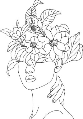 Bir çizgi vektör çizimi ile soyut kadın yüzü. Portre minimalist stil. Botanik parmak izi. Kozmetiğin doğa sembolü. Modern sürekli çizgi sanatı. Moda baskısı. Güzellik salonu logosu.