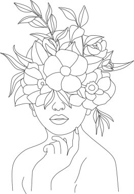 Bir çizgi vektör çizimi ile soyut kadın yüzü. Portre minimalist stil. Botanik parmak izi. Kozmetiğin doğa sembolü. Modern sürekli çizgi sanatı. Moda baskısı. Güzellik salonu logosu.