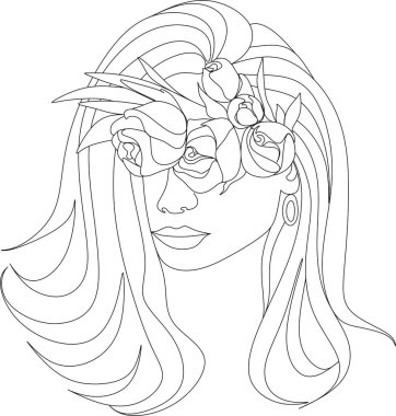 Bir çizgi vektör çizerek, çiçekli soyut yüz. Portre minimalist stil. Botanik parmak izi. Kozmetiğin doğa sembolü. Modern sürekli çizgi sanatı. Moda baskısı. Beaty salon logosu