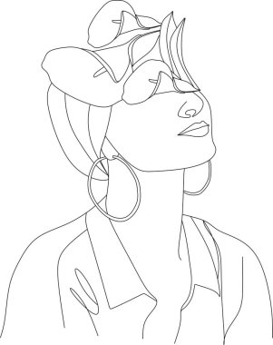 Bir çizgi vektör çizerek, çiçekli soyut yüz. Portre minimalist stil. Botanik parmak izi. Kozmetiğin doğa sembolü. Modern sürekli çizgi sanatı. Moda baskısı. Beaty salon logosu