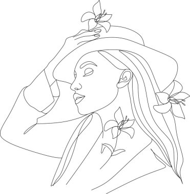 Bir çizgi vektör çizerek, çiçekli soyut yüz. Portre minimalist stil. Botanik parmak izi. Kozmetiğin doğa sembolü. Modern sürekli çizgi sanatı. Moda baskısı. Beaty salon logosu