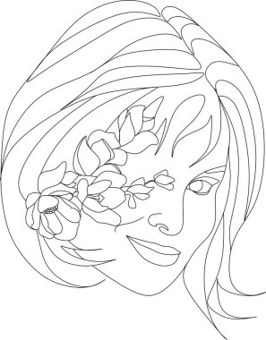 Bir çizgi vektör çizerek, çiçekli soyut yüz. Portre minimalist stil. Botanik parmak izi. Kozmetiğin doğa sembolü. Modern sürekli çizgi sanatı. Moda baskısı. Beaty salon logosu