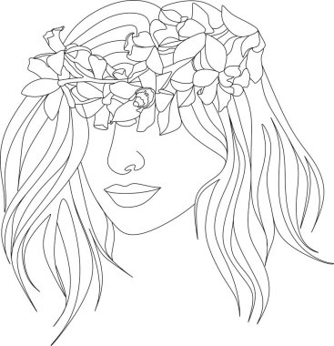 Bir çizgi vektör çizerek, çiçekli soyut yüz. Portre minimalist stil. Botanik parmak izi. Kozmetiğin doğa sembolü. Modern sürekli çizgi sanatı. Moda baskısı. Beaty salon logosu