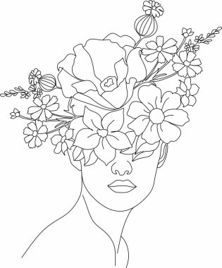 Bir çizgi vektör çizerek, çiçekli soyut yüz. Portre minimalist stil. Botanik parmak izi. Kozmetiğin doğa sembolü. Modern sürekli çizgi sanatı. Moda baskısı. Beaty salon logosu