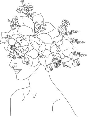 Bir çizgi vektör çizerek, çiçekli soyut yüz. Portre minimalist stil. Botanik parmak izi. Kozmetiğin doğa sembolü. Modern sürekli çizgi sanatı. Moda baskısı. Beaty salon logosu