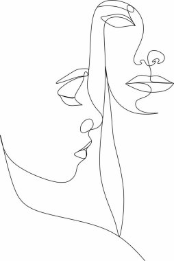 Güzel kadınların soyut portresi. Arkadaşlar, kız kardeşler ya da çiftler. Beyaz üzerine izole edilmiş tek bir çizgi. Vektör illüstrasyonu