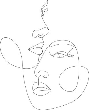 Güzel kadınların soyut portresi. Arkadaşlar, kız kardeşler ya da çiftler. Beyaz üzerine izole edilmiş tek bir çizgi. Vektör illüstrasyonu