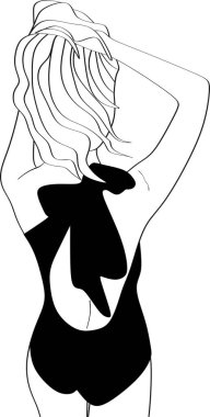 Mayolu bir kızın çizgi çizimi. Mayo giymiş bir kadın figürü. Aralıksız soyut çizimler. Modern İskandinav tasarımı. Vektör illüstrasyonu.