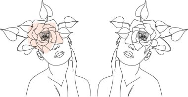 Tek çizgi vektör illüstrasyonuyla çizilmiş çiçekli soyut kadın yüzü. Minimalist tarz portre. Botanik parmak izi. Doğal kozmetik sembolü. Modern sürekli çizgi sanatı. Moda baskısı. Güzellik salonu logosu.