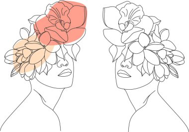 Tek çizgi vektör illüstrasyonuyla çizilmiş çiçekli soyut kadın yüzü. Minimalist tarz portre. Botanik parmak izi. Doğal kozmetik sembolü. Modern sürekli çizgi sanatı. Moda baskısı. Güzellik salonu logosu.