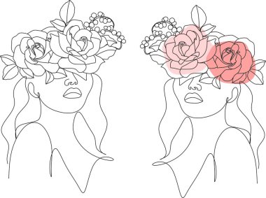 Tek çizgi vektör illüstrasyonuyla çizilmiş çiçekli soyut kadın yüzü. Minimalist tarz portre. Botanik parmak izi. Doğal kozmetik sembolü. Modern sürekli çizgi sanatı. Moda baskısı. Güzellik salonu logosu.