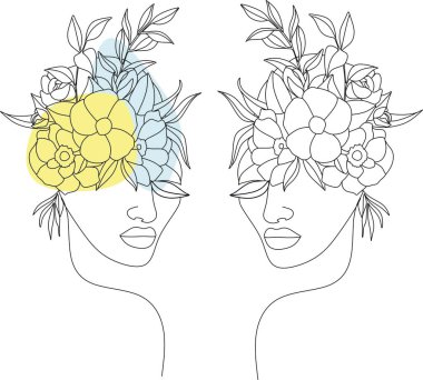 Tek çizgi vektör illüstrasyonuyla çizilmiş çiçekli soyut kadın yüzü. Minimalist tarz portre. Botanik parmak izi. Doğal kozmetik sembolü. Modern sürekli çizgi sanatı. Moda baskısı. Güzellik salonu logosu.