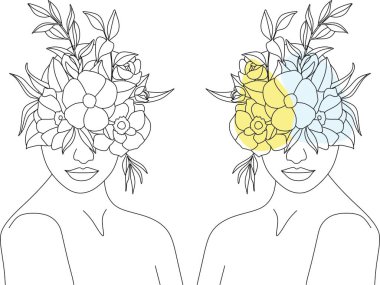 Tek çizgi vektör illüstrasyonuyla çizilmiş çiçekli soyut kadın yüzü. Minimalist tarz portre. Botanik parmak izi. Doğal kozmetik sembolü. Modern sürekli çizgi sanatı. Moda baskısı. Güzellik salonu logosu.