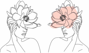 Tek çizgi vektör illüstrasyonuyla çizilmiş çiçekli soyut kadın yüzü. Minimalist tarz portre. Botanik parmak izi. Doğal kozmetik sembolü. Modern sürekli çizgi sanatı. Moda baskısı. Güzellik salonu logosu.