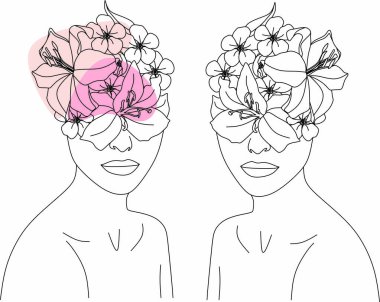 Tek çizgi vektör illüstrasyonuyla çizilmiş çiçekli soyut kadın yüzü. Minimalist tarz portre. Botanik parmak izi. Doğal kozmetik sembolü. Modern sürekli çizgi sanatı. Moda baskısı. Güzellik salonu logosu.