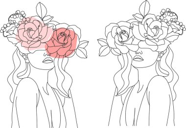Tek çizgi vektör illüstrasyonuyla çizilmiş çiçekli soyut kadın yüzü. Minimalist tarz portre. Botanik parmak izi. Doğal kozmetik sembolü. Modern sürekli çizgi sanatı. Moda baskısı. Güzellik salonu logosu.