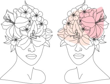 Tek çizgi vektör illüstrasyonuyla çizilmiş çiçekli soyut kadın yüzü. Minimalist tarz portre. Botanik parmak izi. Doğal kozmetik sembolü. Modern sürekli çizgi sanatı. Moda baskısı. Güzellik salonu logosu.