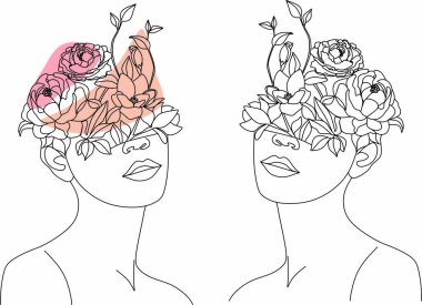 Tek çizgi vektör illüstrasyonuyla çizilmiş çiçekli soyut kadın yüzü. Minimalist tarz portre. Botanik parmak izi. Doğal kozmetik sembolü. Modern sürekli çizgi sanatı. Moda baskısı. Güzellik salonu logosu.