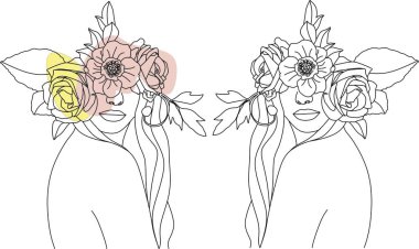 Tek çizgi vektör illüstrasyonuyla çizilmiş çiçekli soyut kadın yüzü. Minimalist tarz portre. Botanik parmak izi. Doğal kozmetik sembolü. Modern sürekli çizgi sanatı. Moda baskısı. Güzellik salonu logosu.