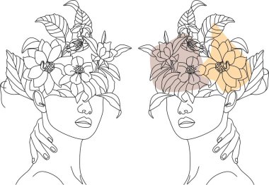 Tek çizgi vektör illüstrasyonuyla çizilmiş çiçekli soyut kadın yüzü. Minimalist tarz portre. Botanik parmak izi. Doğal kozmetik sembolü. Modern sürekli çizgi sanatı. Moda baskısı. Güzellik salonu logosu.