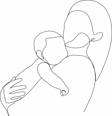 Soyut bir anne ve sürekli bir çizgi çizen bir çocuk. Anneler günü kartı. Bir kadın bebeğine sarılıyor. Mutlu annelik kavramı. Modern vektör illüstrasyonu