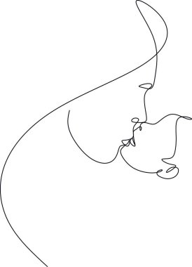 Soyut bir anne ve sürekli bir çizgi çizen bir çocuk. Anneler günü kartı. Bir kadın bebeğine sarılıyor. Mutlu annelik kavramı. Modern vektör illüstrasyonu