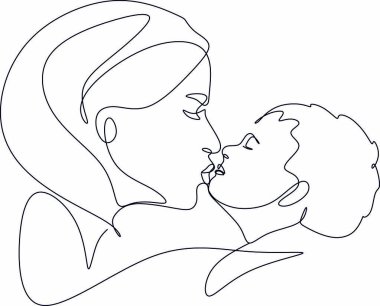 Soyut bir anne ve sürekli bir çizgi çizen bir çocuk. Anneler günü kartı. Bir kadın bebeğine sarılıyor. Mutlu annelik kavramı. Modern vektör illüstrasyonu