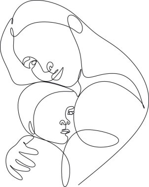 Soyut bir anne ve sürekli bir çizgi çizen bir çocuk. Anneler günü kartı. Bir kadın bebeğine sarılıyor. Mutlu annelik kavramı. Modern vektör illüstrasyonu