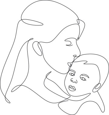 Soyut bir anne ve sürekli bir çizgi çizen bir çocuk. Anneler günü kartı. Bir kadın bebeğine sarılıyor. Mutlu annelik kavramı. Modern vektör illüstrasyonu