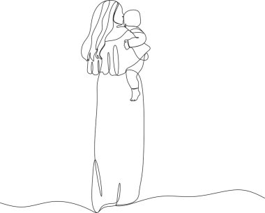 Soyut bir anne ve sürekli bir çizgi çizen bir çocuk. Anneler günü kartı. Bir kadın bebeğine sarılıyor. Mutlu annelik kavramı. Modern vektör illüstrasyonu