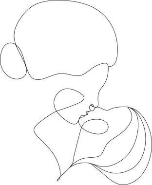 Soyut bir anne ve sürekli bir çizgi çizen bir çocuk. Anneler günü kartı. Bir kadın bebeğine sarılıyor. Mutlu annelik kavramı. Modern vektör illüstrasyonu