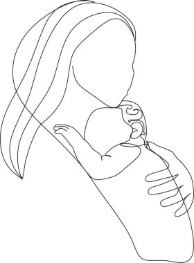 Soyut bir anne ve sürekli bir çizgi çizen bir çocuk. Anneler günü kartı. Bir kadın bebeğine sarılıyor. Mutlu annelik kavramı. Modern vektör illüstrasyonu