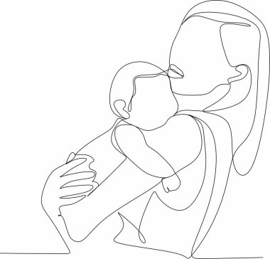 Soyut bir anne ve sürekli bir çizgi çizen bir çocuk. Anneler günü kartı. Bir kadın bebeğine sarılıyor. Mutlu annelik kavramı. Modern vektör illüstrasyonu